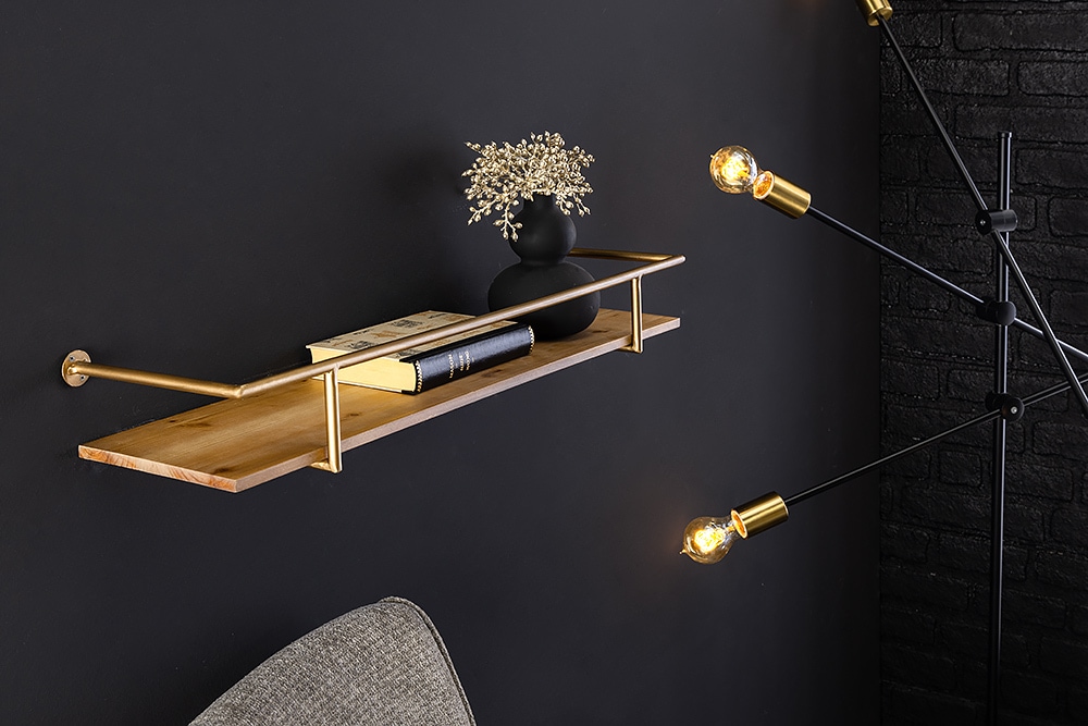 Massives Wandregal HERITAGE 75cm natur Pinienholz gold Metall Massives Wandregal HERITAGE 75cm natur Pinienholz gold Metall