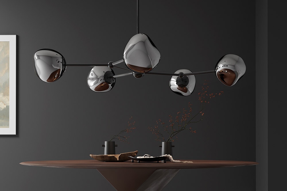 Design Hängelampe LIQUID DIAMOND 100cm smoke schwarz Glas fünf Schirme Kugelleuchte