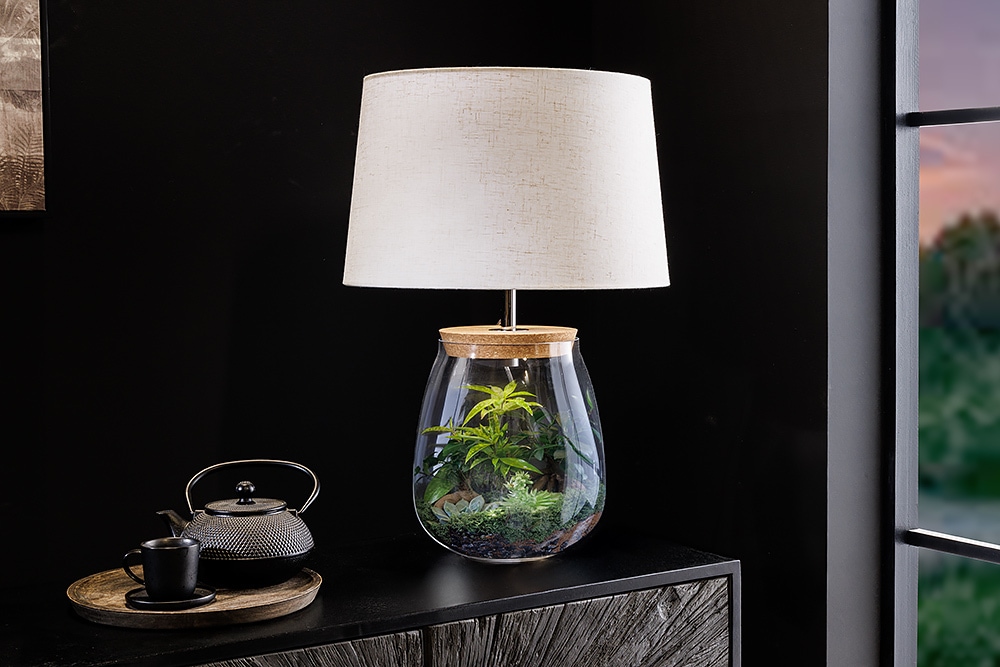 Befüllbare Tischlampe CLASSICO 60cm weiß transparent Glas mit Leinenschirm » Jetzt kaufen