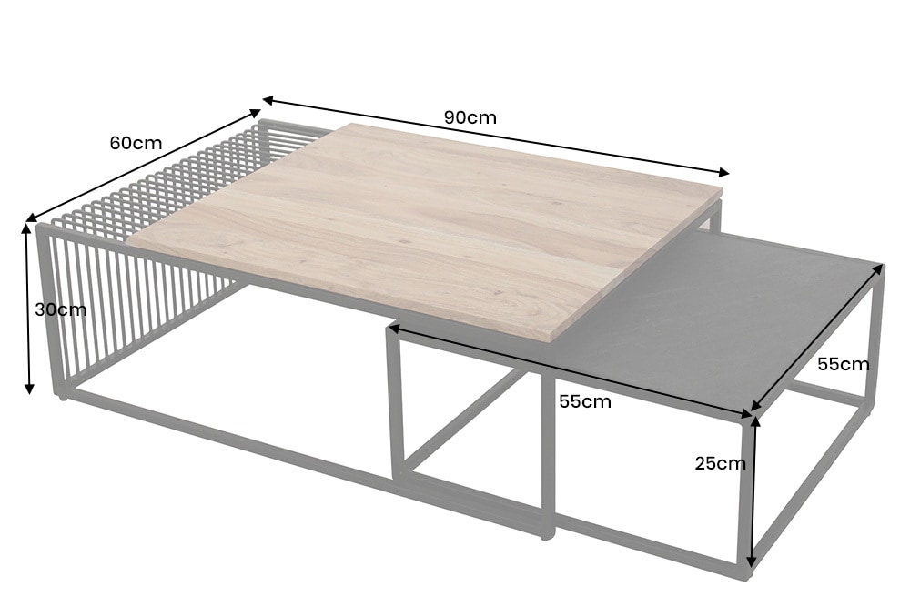 2er Set Couchtische ARCHITECTURE 90cm natur Akazienholz schwarz Steinfurnier Metall