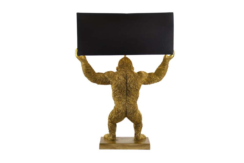 Handgefertigte Tischlampe KING APE 70cm schwarz gold Stoffschirm Affen-Skulptur