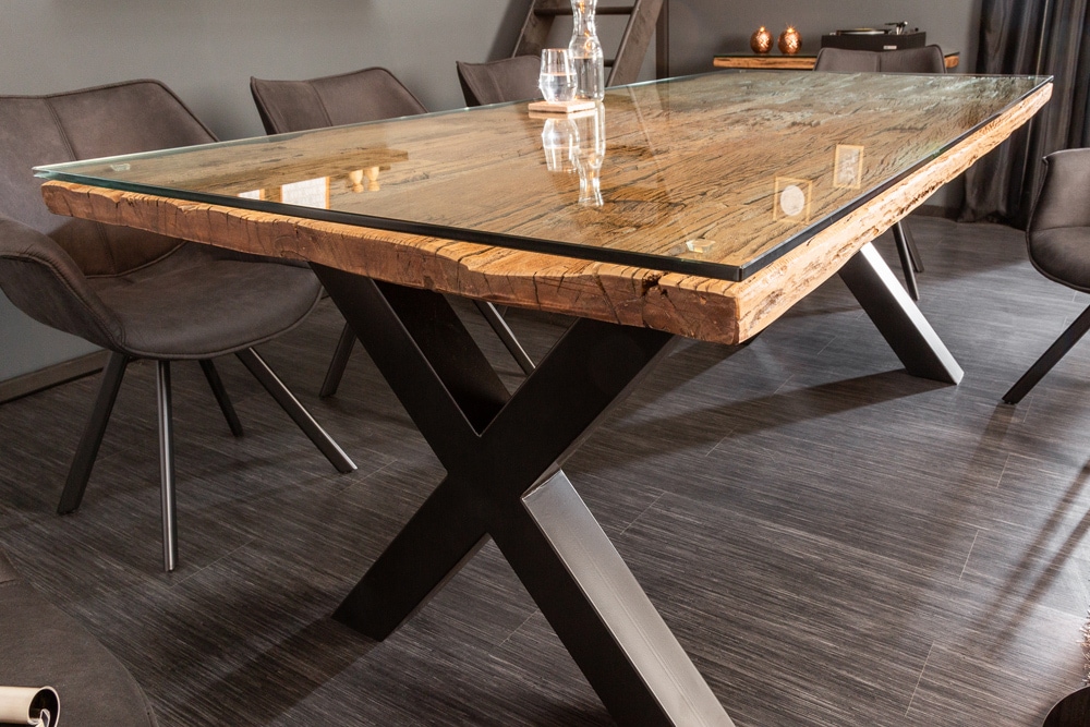 Massivholz Esstisch BARRACUDA 220cm natur Teak schwarz Metall X-Gestell inkl. Glasplatte