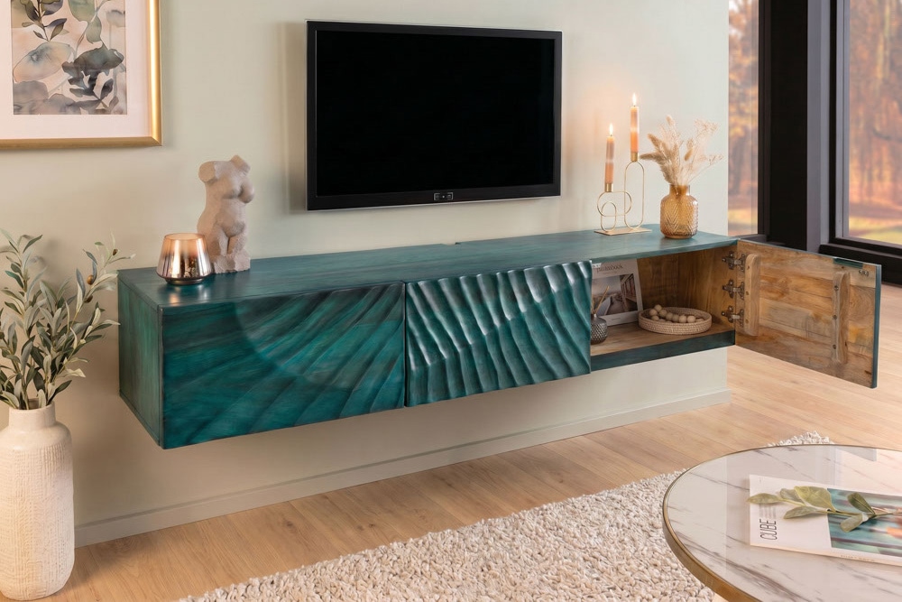 Massives TV-Board SCORPION 160cm türkis Mangoholz hängend Lowboard