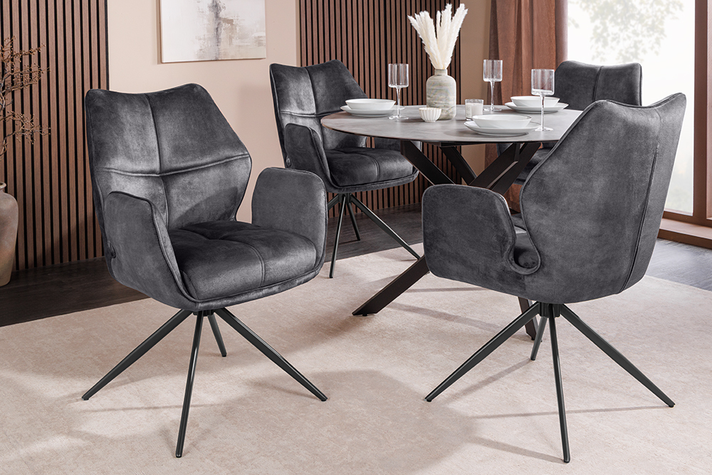 Drehbarer Design Stuhl CONCORD dunkelgrau Samt Taschenfederkern Metallgestell schwarz