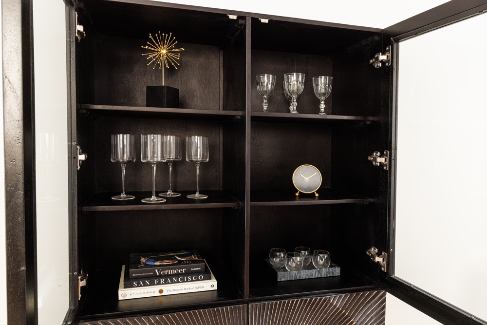 Massives Highboard GOLDEN SUNSET 180cm schwarz gold Mangoholz mit Glastüren Vitrine