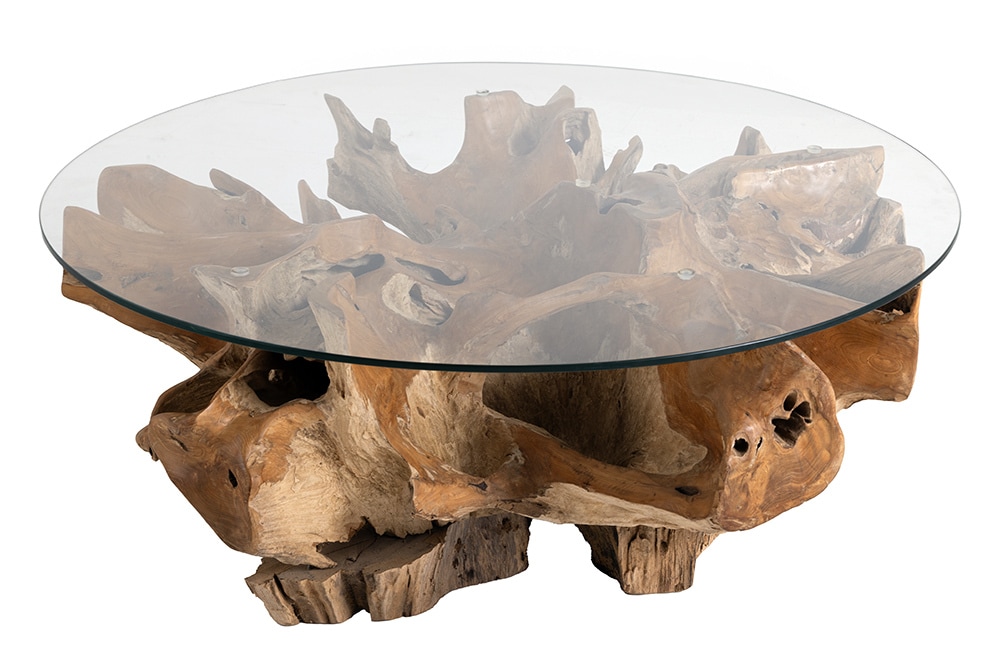 Runder Couchtisch ROOT 100cm natur Teak Massivholz aus Wurzelholz mit Glasplatte