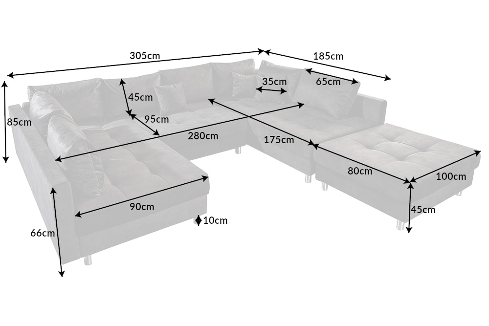 Moderne XXL Wohnlandschaft KENT 305cm grau Samt Bigsofa inkl. Hocker Federkern