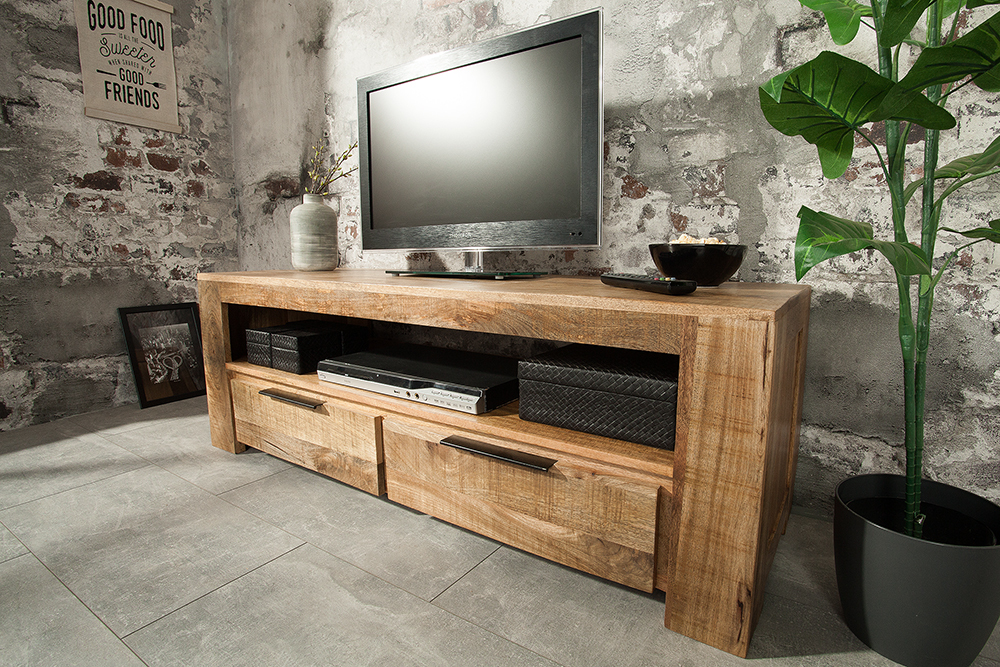 Massives TV-Board IRON CRAFT 130cm Mangoholz Lowboard 2 Schubladen