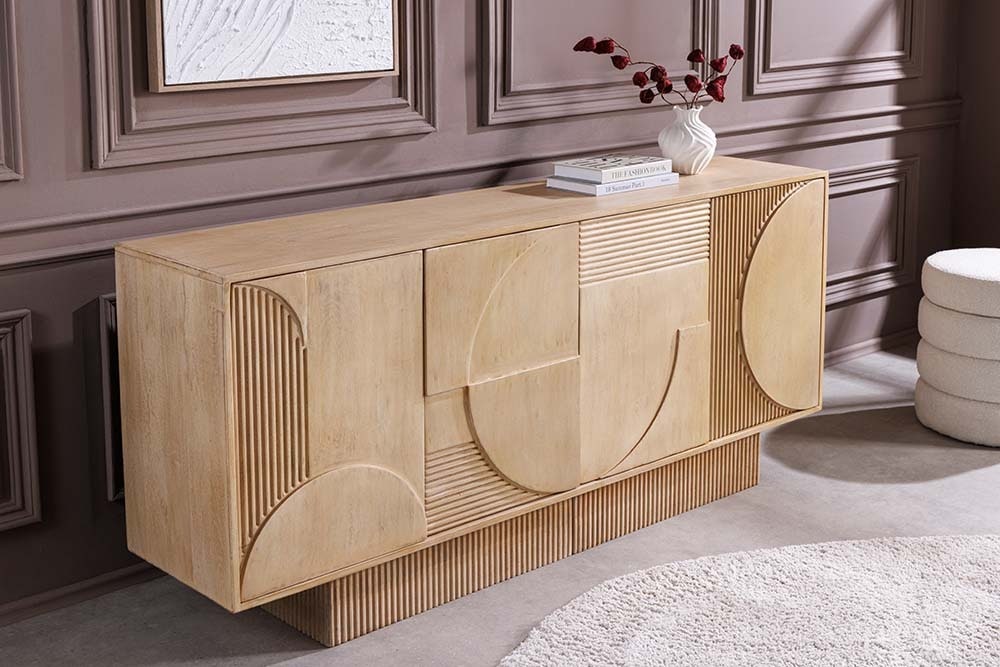 Massives Sideboard ART DECO 170cm weiß gekälkt Mangoholz 3D-Front handmade