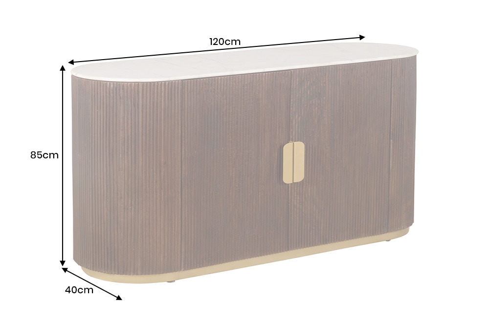 Massives Sideboard GATSBY 120cm braun Mangoholz gold Metall weiße Marmorplatte