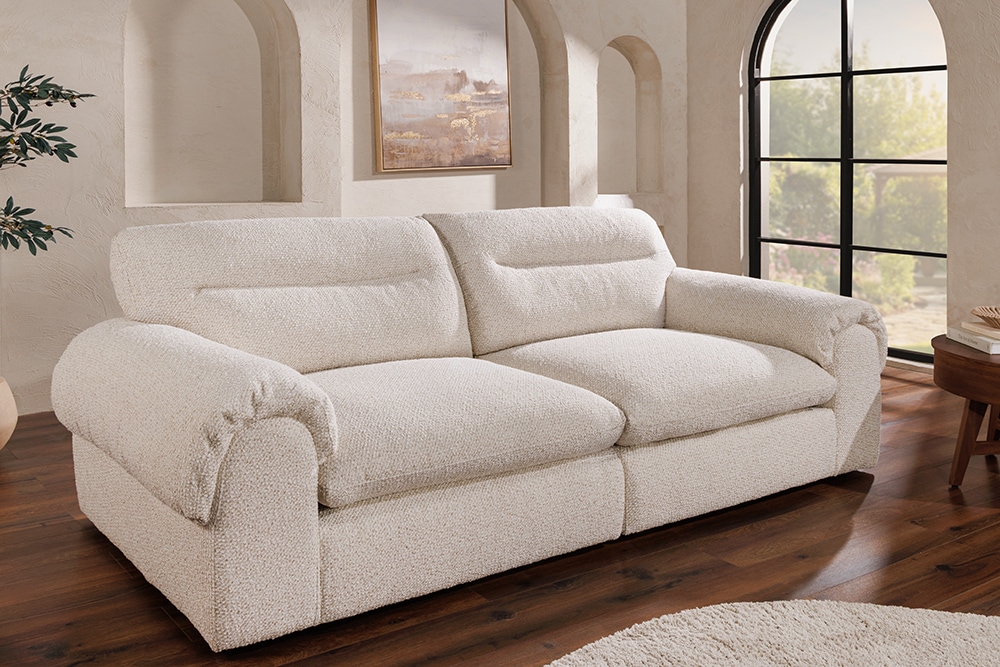 4-Sitzer Sofa SIXTH SENSE 245cm beige Bouclé-Strickstoff mit Nosagfederung und Daunenfedern