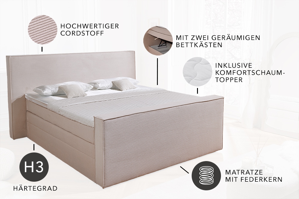Design Boxspringbett SIGNUM 180x200cm beige Cord inkl. Topper Matratze und Stauraum