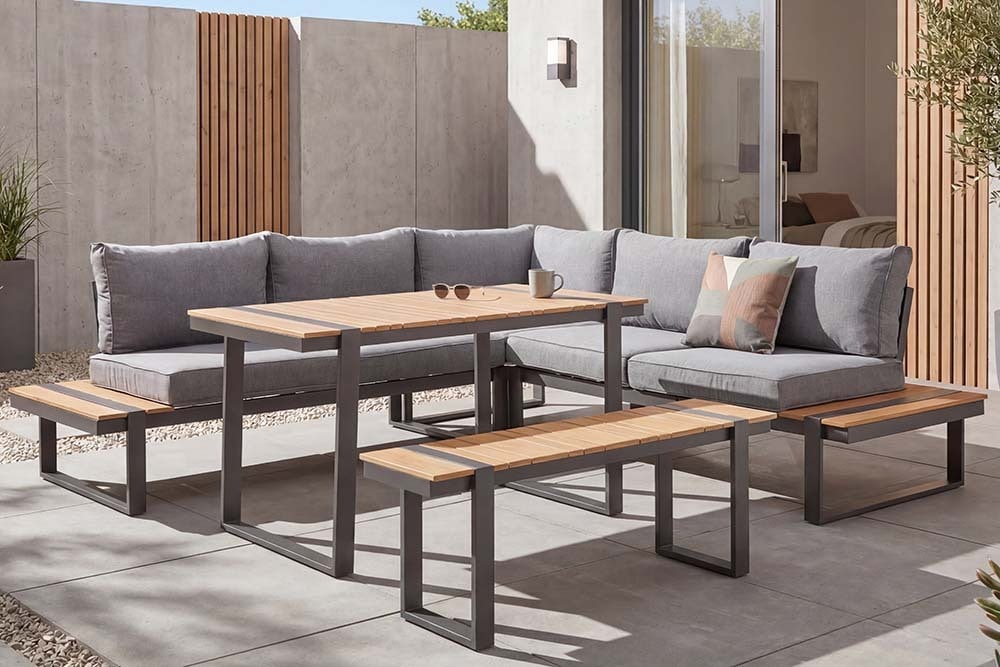Wetterfestes Gartenmöbel Set TAMPA LOUNGE 250cm grau Aluminium inkl. Sitzbank Tisch Kissen
