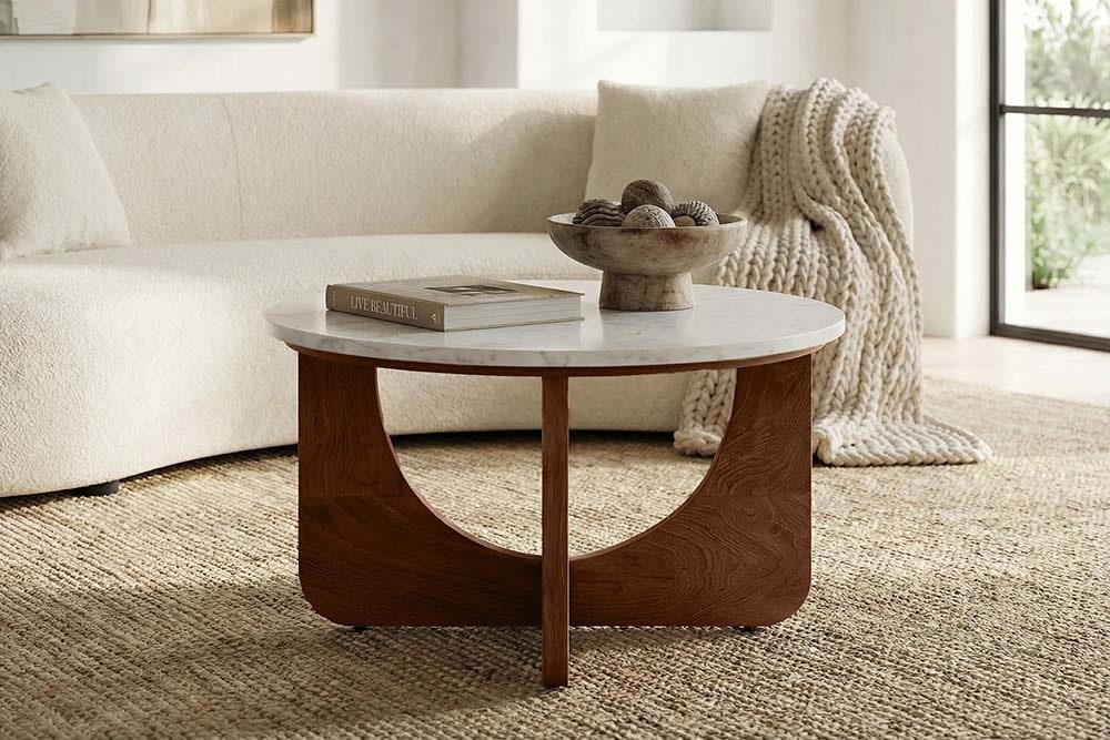 Runder Couchtisch ENSO 60cm weiß Marmor braun massiv Mangoholz » Jetzt kaufen