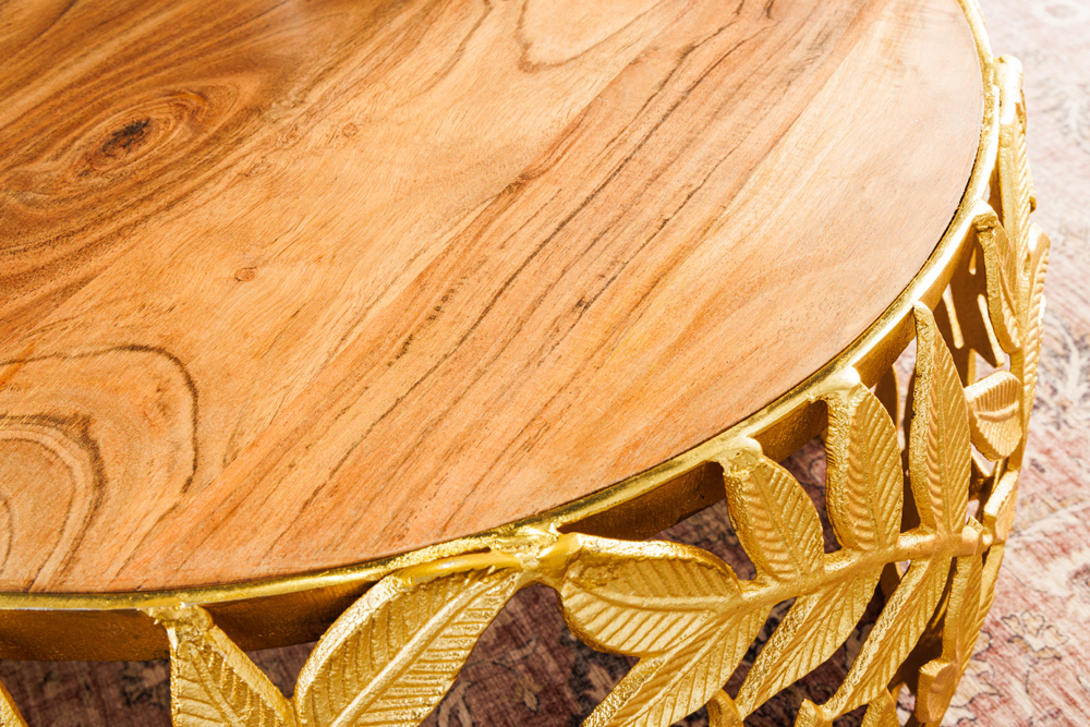 Rundes 2er Set Couchtische ABSTRACT LEAF 70cm natur gold Massivholz Akazie Metall Blatt-Design