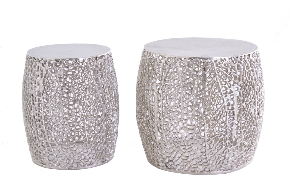 2er Set filigraner Design Couchtisch ABSTRACT LEAF antik silber Handarbeit rund
