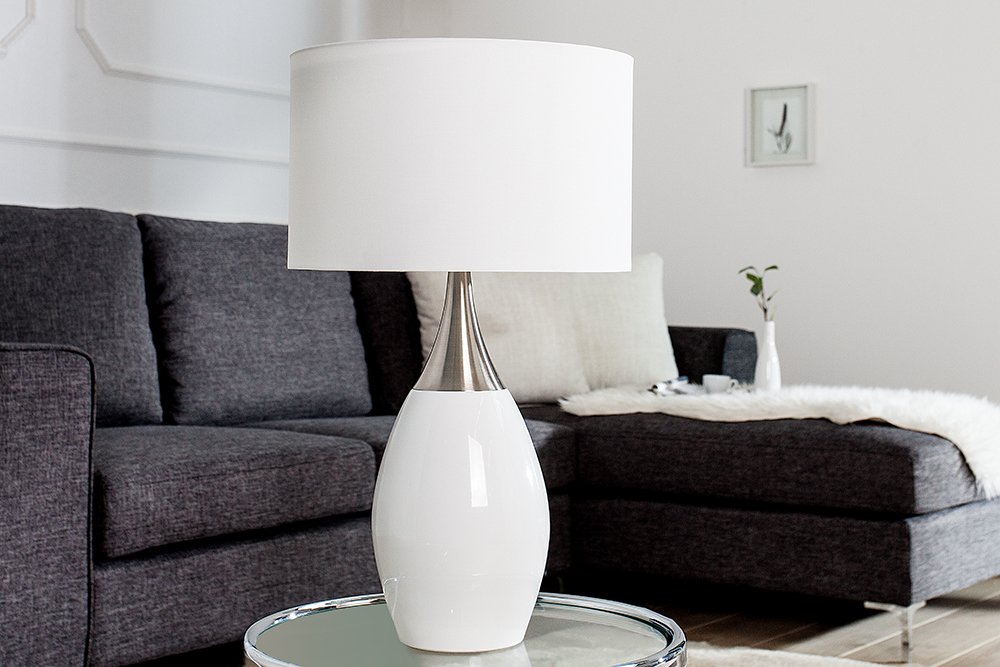Moderne Tischlampe CARLA 60cm weiß silber mit Leinenschirm