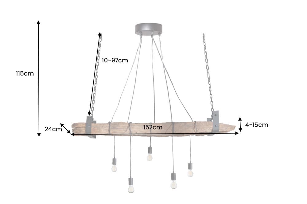 Industrial Hängelampe BARRACUDA 152cm recyceltes Massivholz mit 5 Leuchten