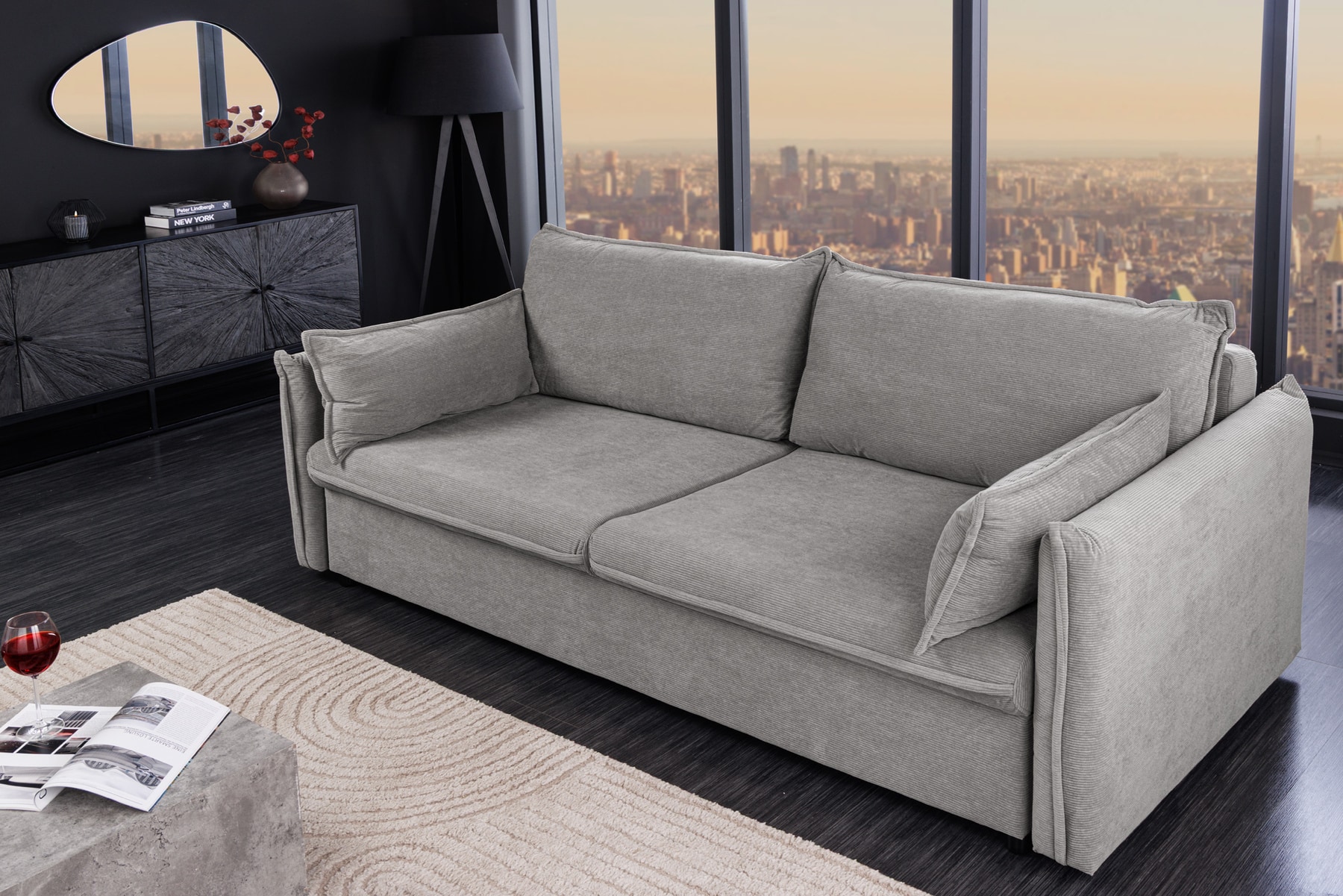 XXL Sofa mit Schlaffunktion APARTMENT grau Cord inkl. Bettkasten und Kissen