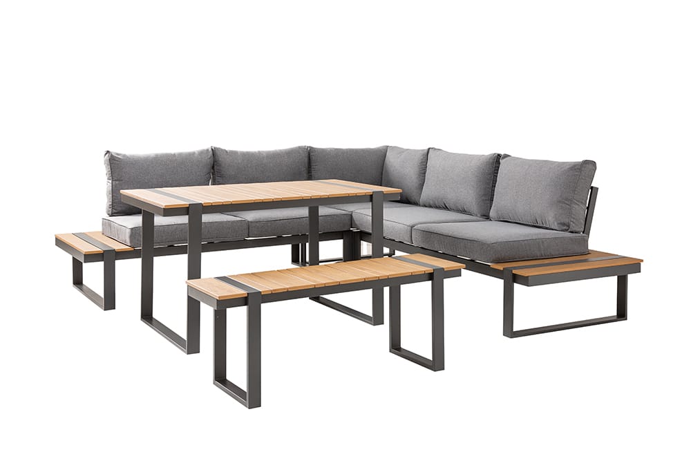 Wetterfestes Gartenmöbel Set TAMPA LOUNGE 250cm grau Aluminium inkl. Sitzbank Tisch Kissen