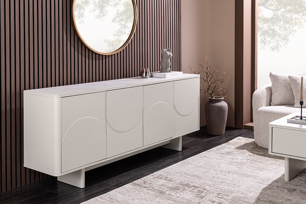 Design Sideboard SAVOY 180cm kaschmir weiß Marmor Keramik mit Stauraum und 3D-Front