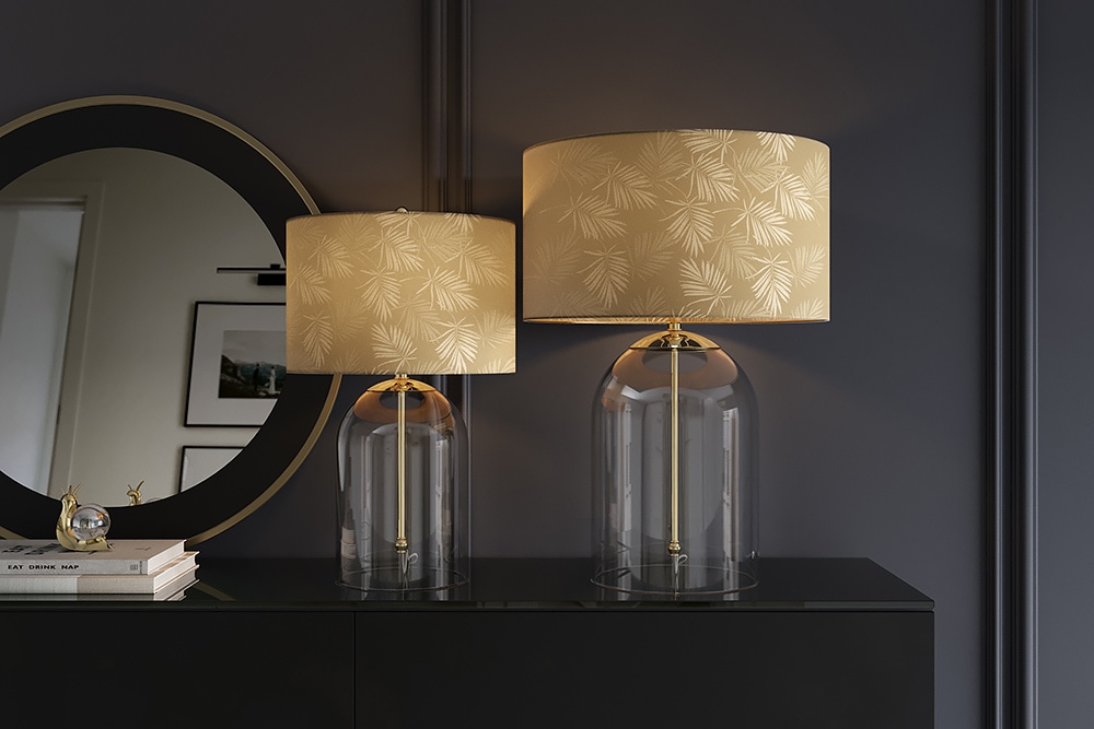 Moderne Tischlampe CLASSICO 60cm transparent Glas weiß gold Leinenschirm