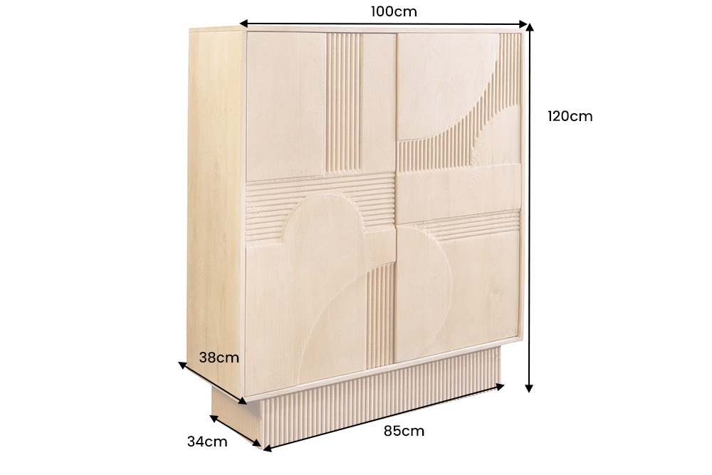 Design Highboard ART DECO 120cm weiß gekälkt Mangoholz massiv 3D Front