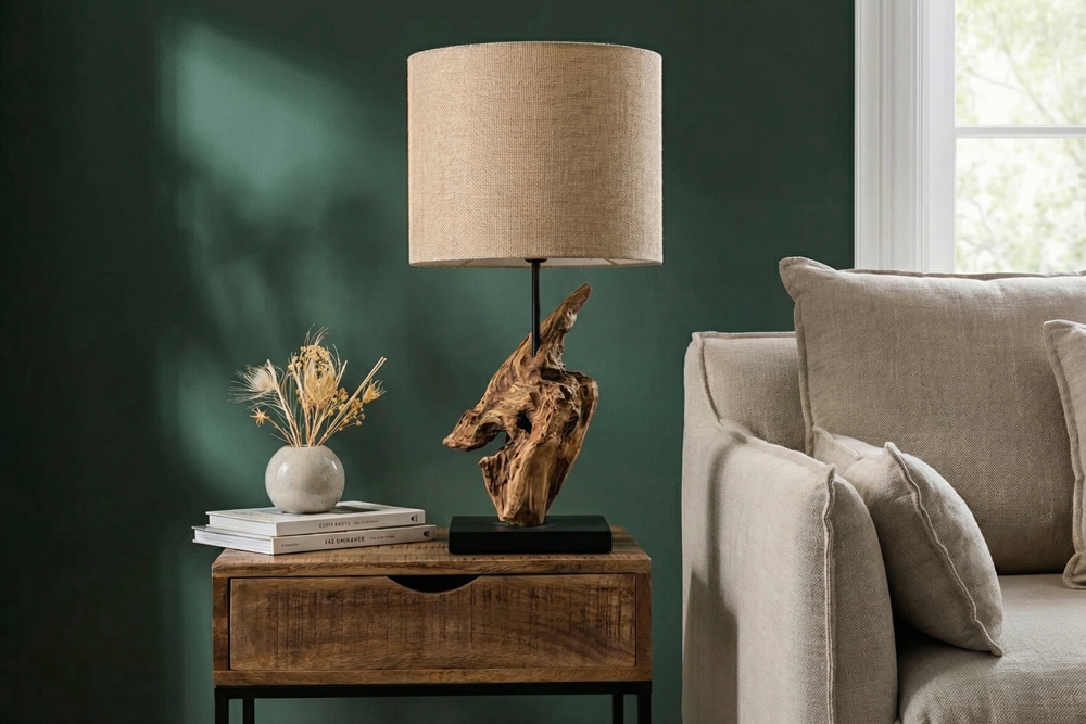 Treibholz Tischlampe HYPNOTIC 60cm natur Leinen-Schirm