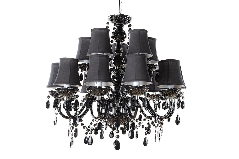 Design Kronleuchter BLACK CRYSTAL XL 80cm schwarz Acryl 15-armig Lüster mit Schirmen