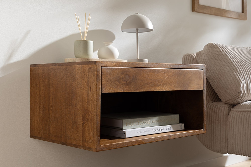 Hängender Nachttisch PURE 50cm braun Mangoholz honey finish Wandregal Schublade