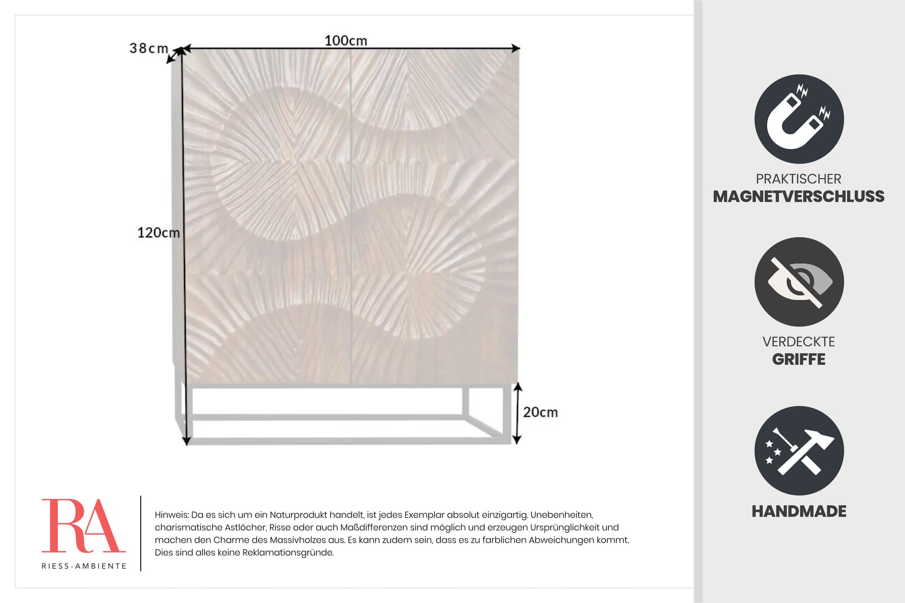Massives Highboard SCORPION 120cm braun Mangoholz aufwendige 3D Schnitzereien