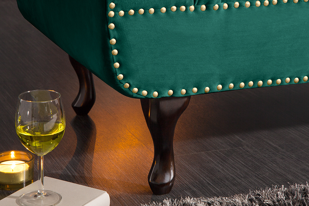 Design Récamière CHESTERFIELD 170cm smaragdgrün Samt Knopfheftung Nietenbesatz