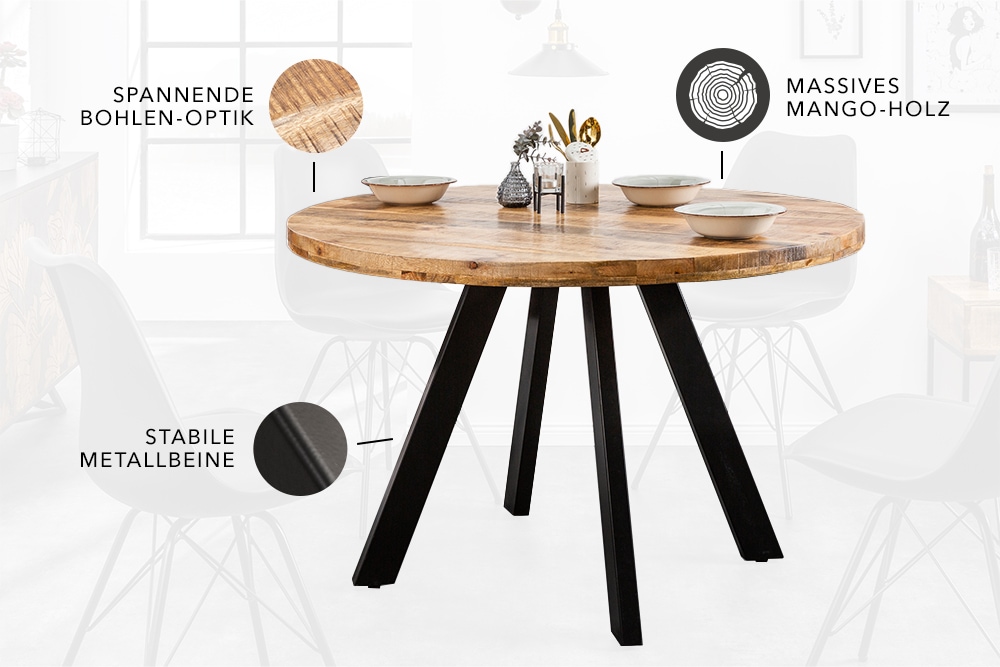 Massiver Esstisch IRON CRAFT 120cm rund natur Mangoholz