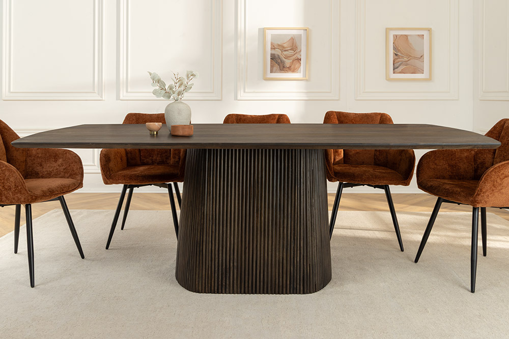 Design Esstisch GRAND 200cm dunkelbraun Mangoholz Bootsform mit Sockel