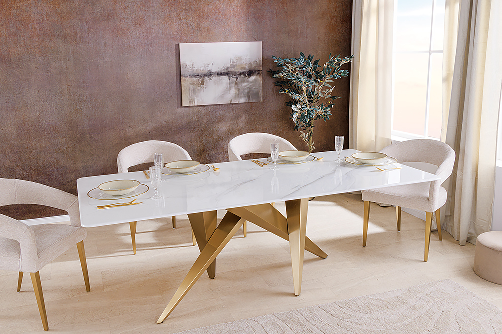 Design Esstisch ART LIVING 200cm weiß Marmor Keramik Metall brushed champagner gold » Jetzt kaufen