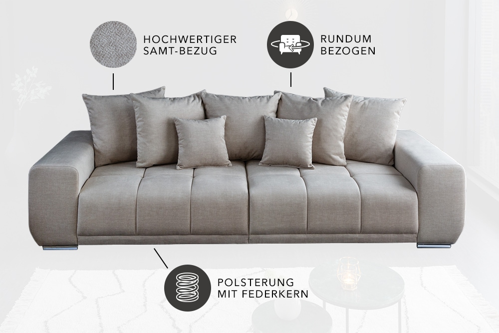 Big Sofa ELEGANCIA 285cm champagner beige Vogue Velours Samt inkl. Kissen Federkern