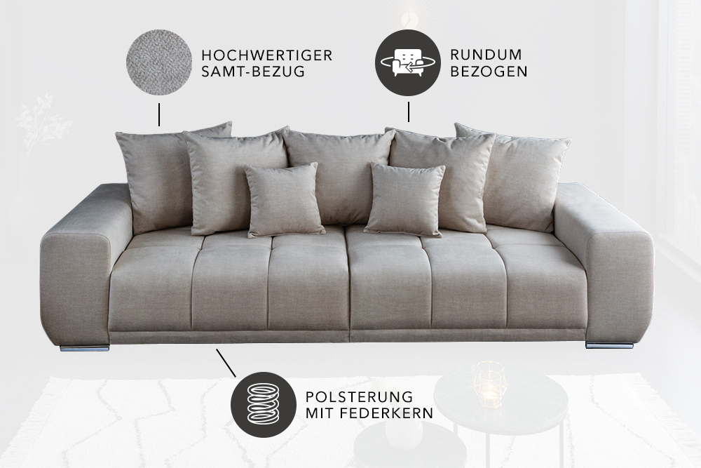 Big Sofa ELEGANCIA 285cm champagner beige Vogue Velours Samt inkl. Kissen Federkern » Jetzt kaufen