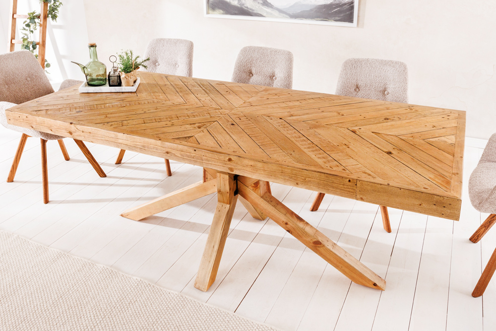 Massivholz Esstisch MOSAIK 160cm natur Pinienholz recycelt Sterngestell