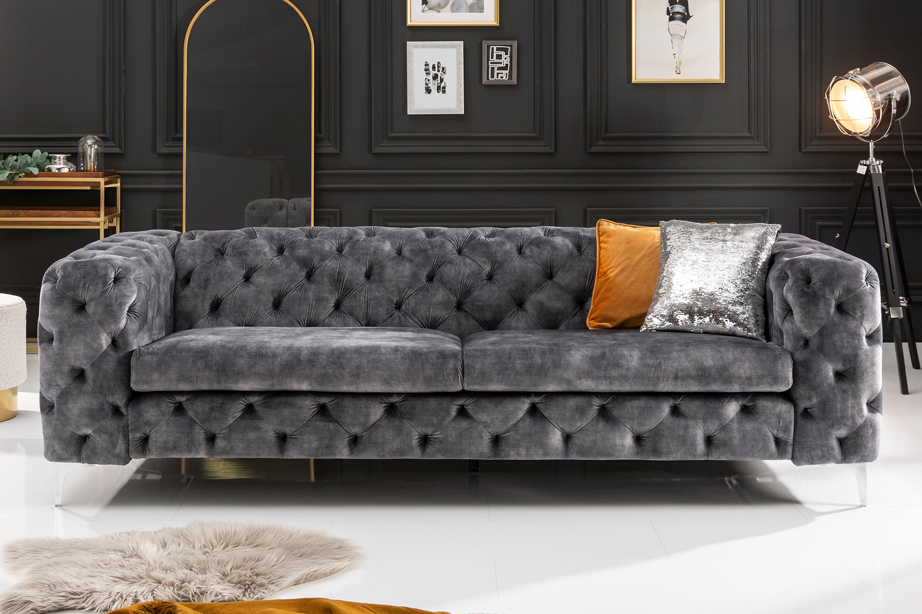 Chesterfield 3-Sitzer Sofa MODERN BAROCK 235cm dunkelgrau Samt Federkern Metallfüße