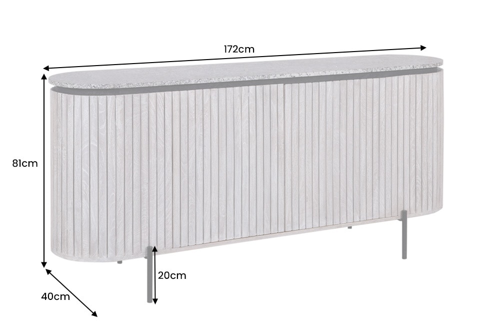 Massives Sideboard ADLON 170cm grau gebürstet Mangoholz mit weißer Marmorplatte