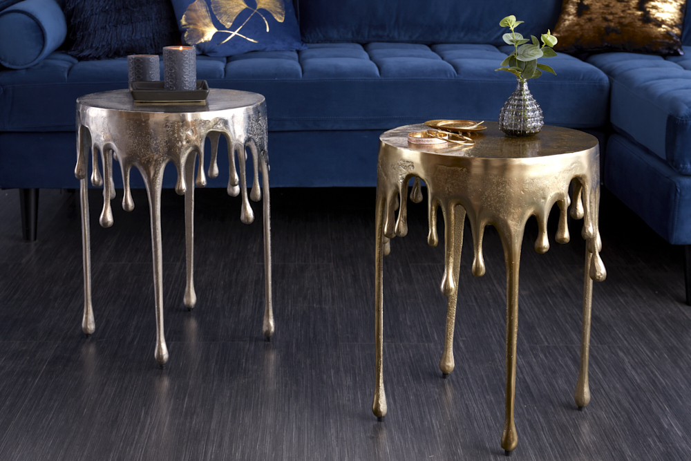 Extravaganter Beistelltisch LIQUID LINE 50cm gold Tropfen-Design Metall Aluminium rund