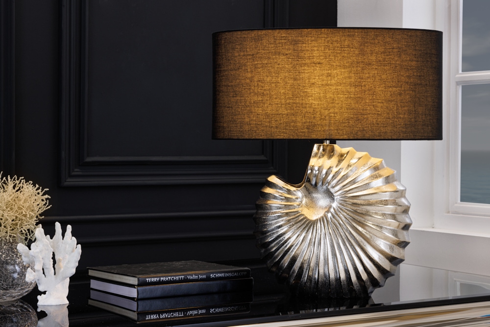 Design Tischlampe SHELL 60cm silber schwarz Metall Stoffschirm maritim