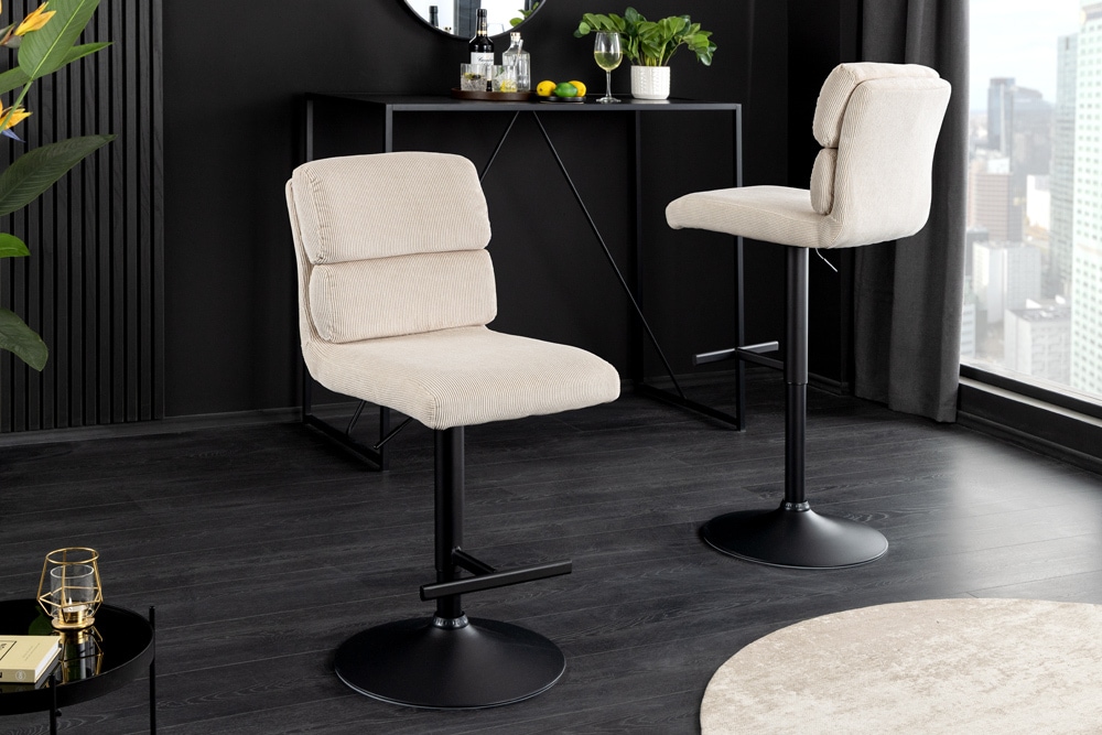 Höhenverstellbarer Barhocker COMFORT beige Cord drehbar mit Lehne schwarz Metall » Jetzt kaufen