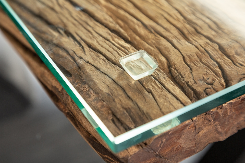 Massivholz Esstisch BARRACUDA 220cm natur Teak schwarz Metall X-Gestell inkl. Glasplatte