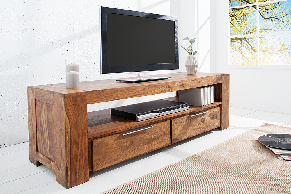 Massives TV-Board MAKASSAR 130cm braun Sheesham stone finish Lowboard zwei Schubladen