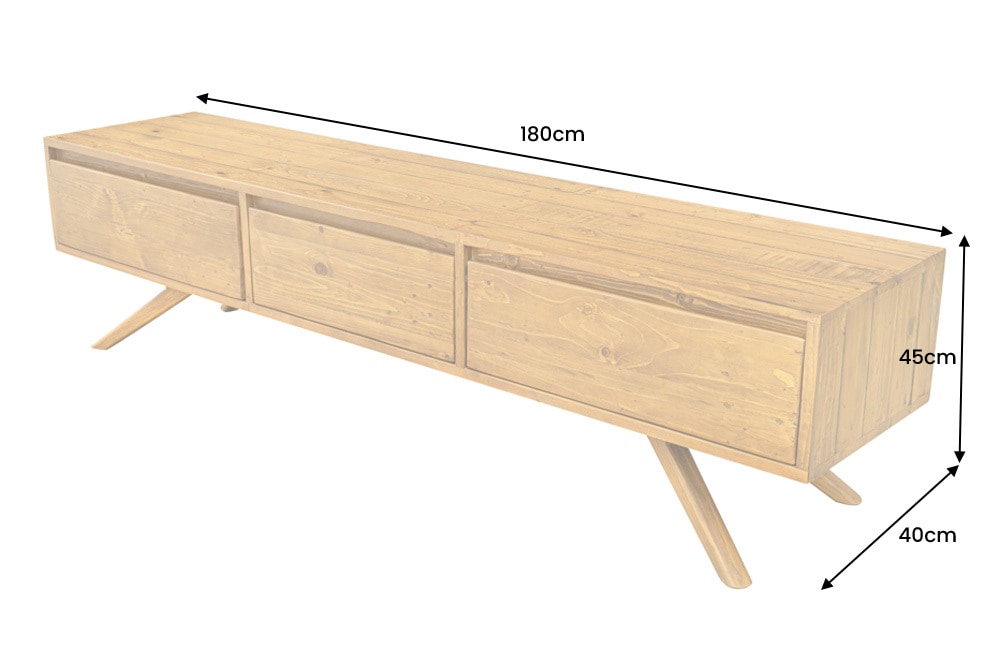 Massives TV-Board FINCA 180cm vintage braun recyceltes Pinienholz mit Schubladen