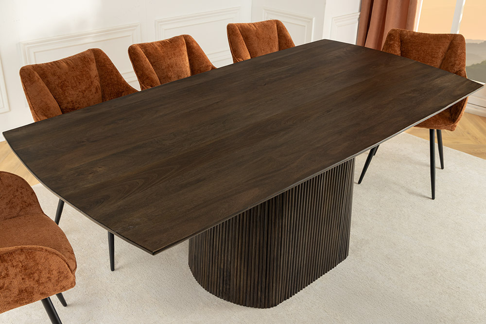 Design Esstisch GRAND 200cm dunkelbraun Mangoholz Bootsform mit Sockel