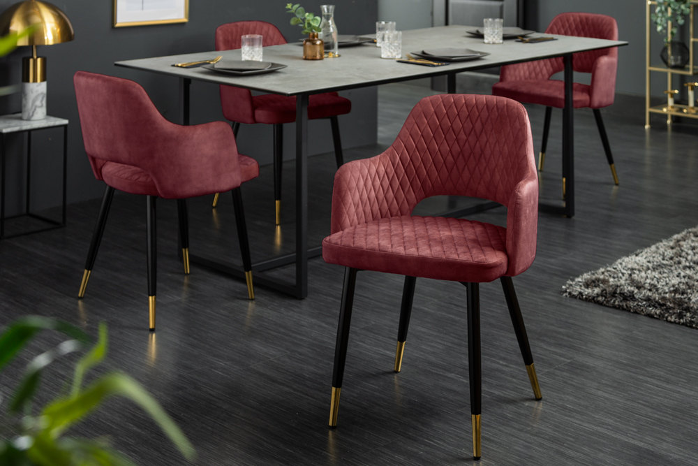 Eleganter Stuhl PARIS bordeaux Vogue Seidenstoff Samt goldene Fußkappen und Armlehnen