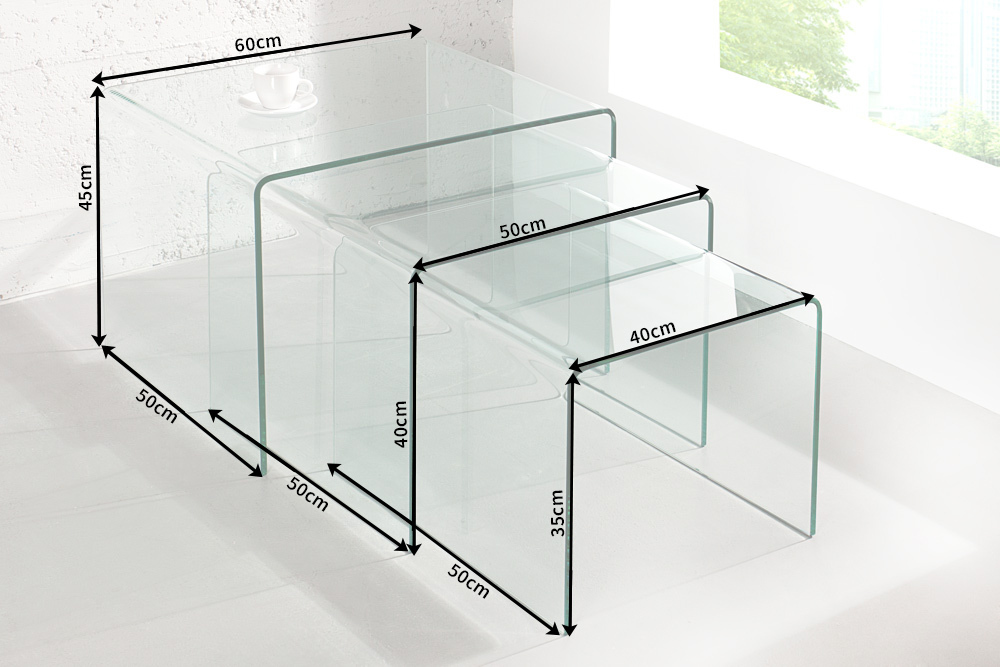 Design 3er Set Glas Couchtisch FANTOME 60cm Beistelltische transparent