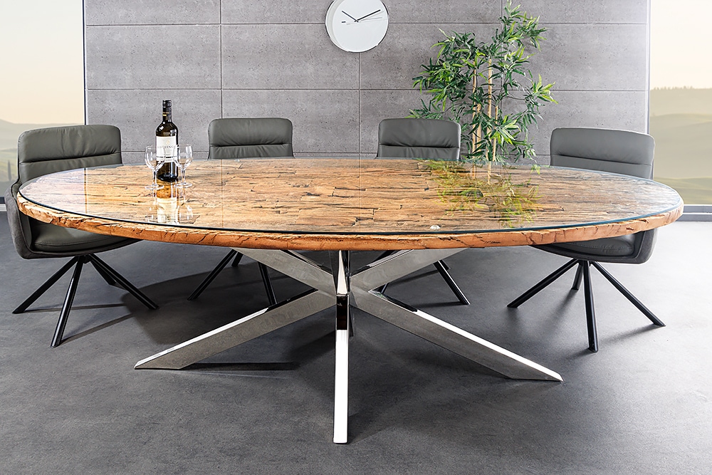Massiver Esstisch BARRACUDA 220cm braun Teakholz silber Sterngestell Glasplatte
